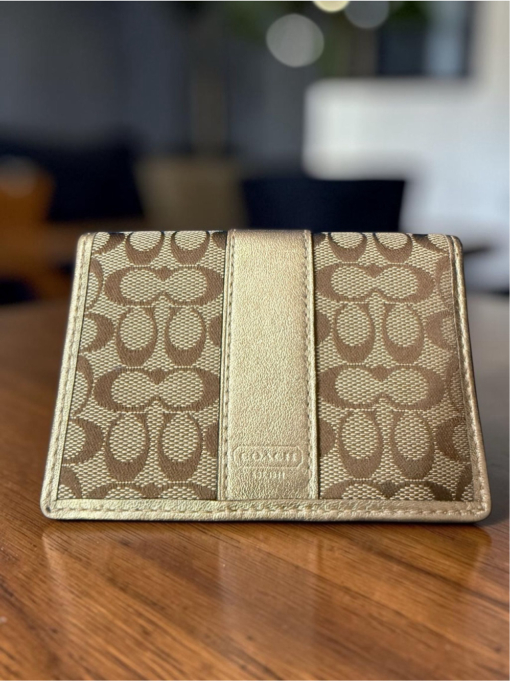 Coach Signature Card Case / Mini Wallet Khaki & Gold Metallic Jacquard